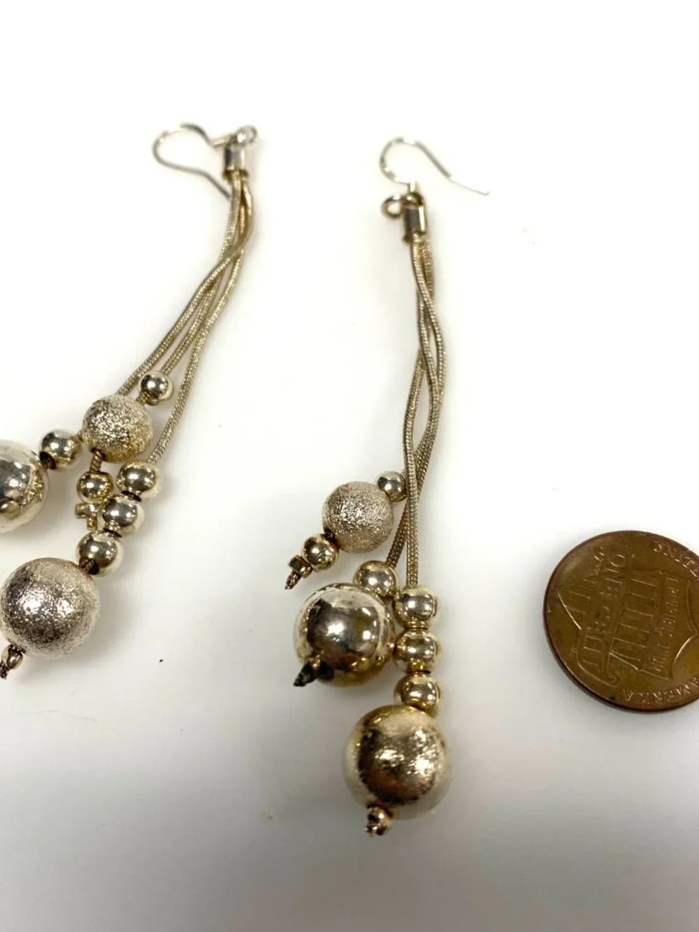m947 Vintage 925 Sterling Silver 3-strand Long Pierced Dangle Earrings